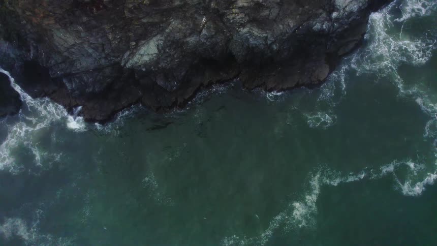 Top down aerial view of the ocean meeting with a dark coastal cliff