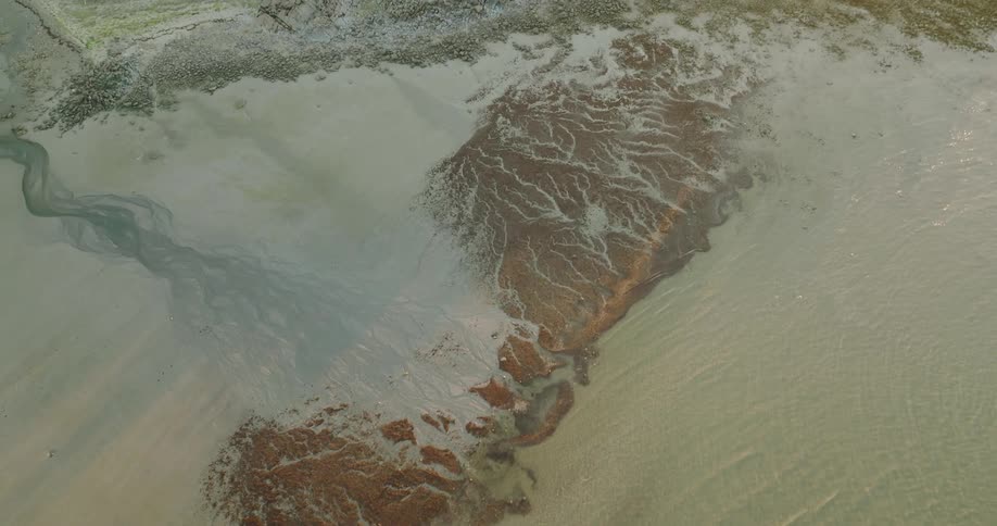 An aerial view of the water meeting the shore