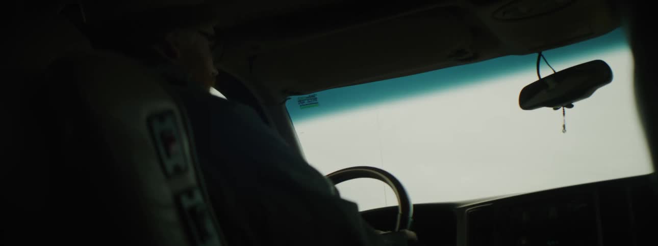 A man is sitting in the drivers seat operating an automobile and the sky outside is white