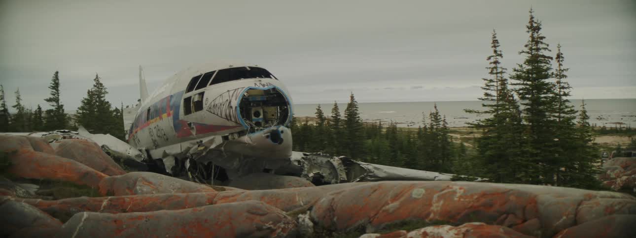 A crashed airplane on the ground