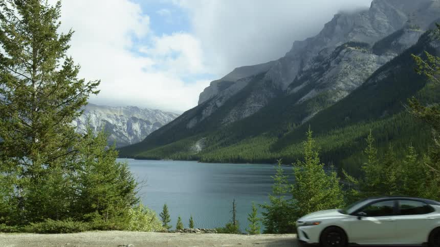 A car is driving near the coast during spring