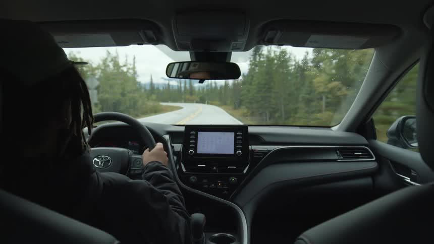 A person driving on a road lined with forest trees
