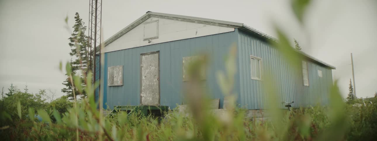Condemned shack with blue walls on the countryside at daytime