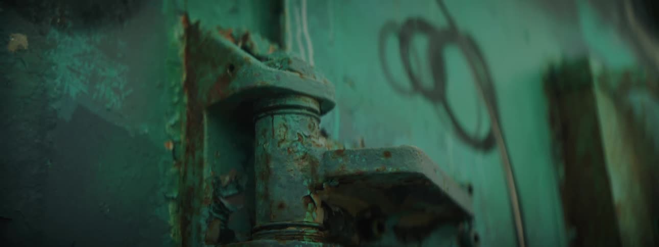Close up of the rusted hinge of a metal door