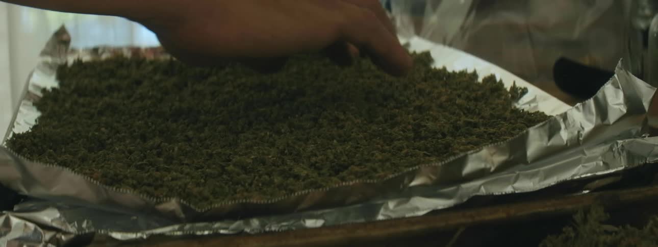 Hands spread green leaves out on foil to dry