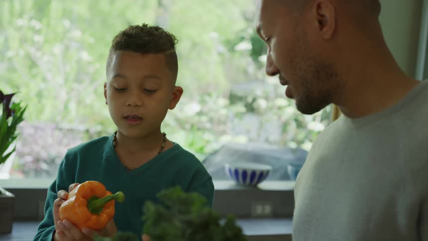Father and son stand in kitchen discussing bell pepper and leafy vegetables