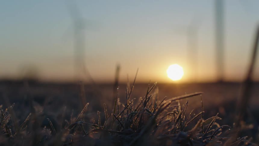 Wind turbines on a wind farm stand tall as the sun shines brightly on the horizon