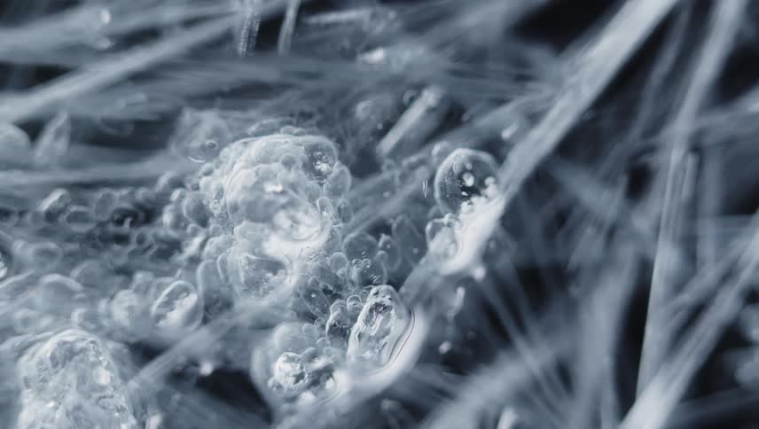 Bubble spheres are shining in the light as they cling to white shafts