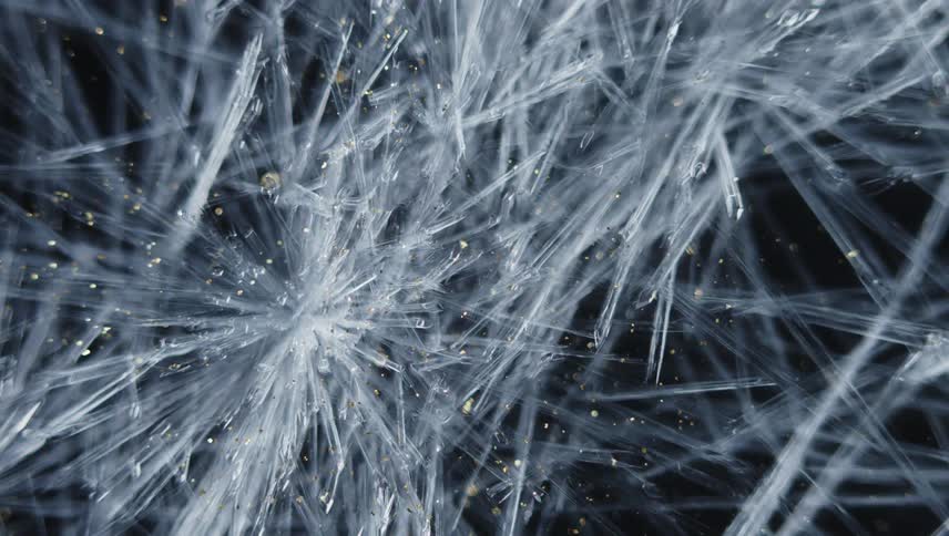 Twisting close up of thing ice crystals forming in front of a black background