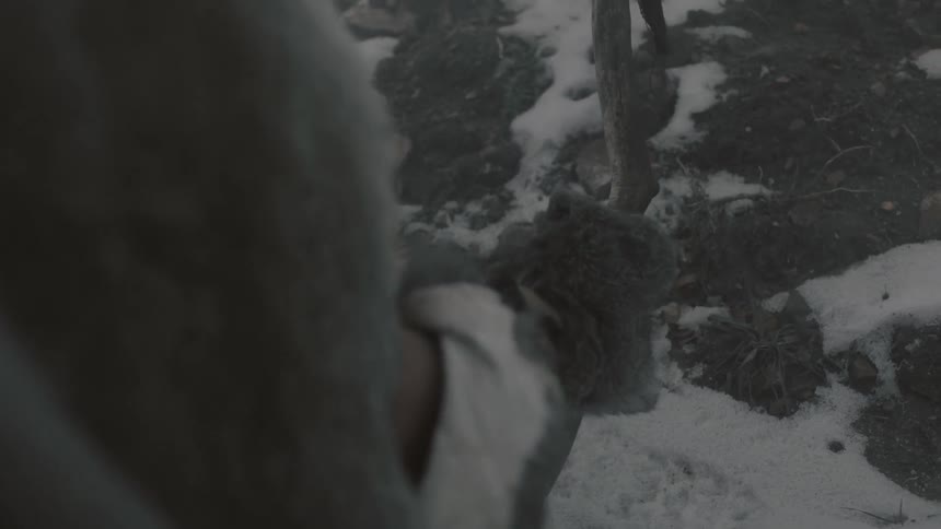 A man lifting a stick from the snow