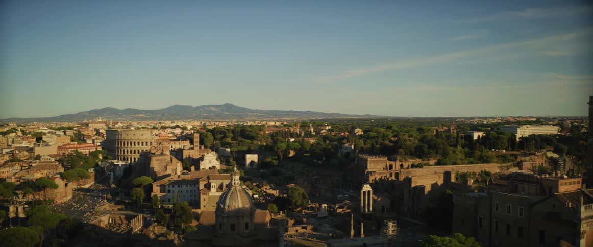 An aerial view of churches and buildings in a city