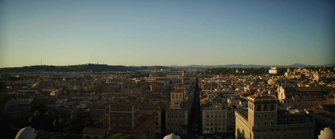 An aerial view of churches and buildings in a city