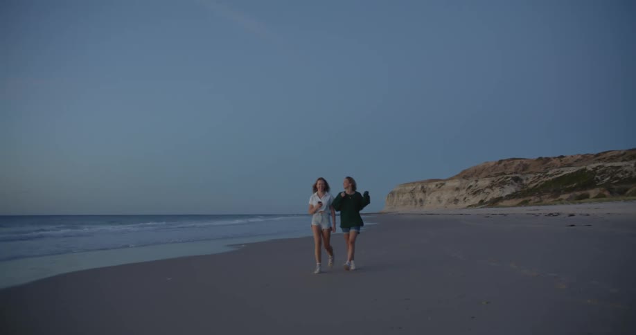 Two friends walk on the beach together