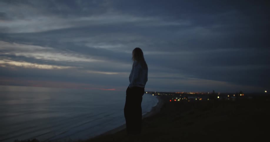 A woman is standing on the beach looking at the water under a cloudy sky and there are lights in the distance