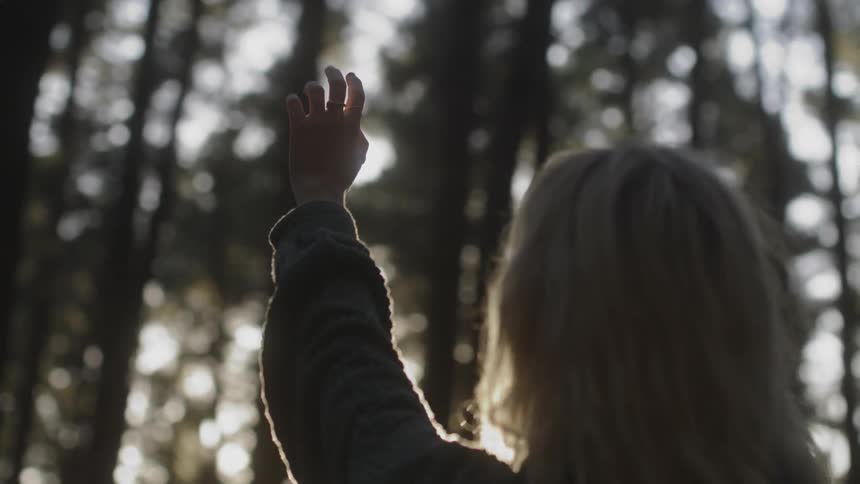 A woman holding her hand up towards the sunshine while standing in the woods
