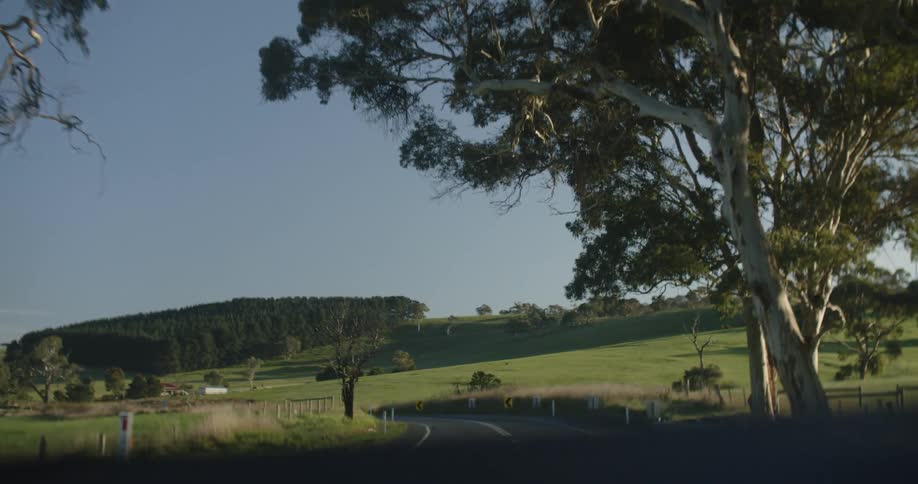 Moving forward on a country road with a house on the hillside and a forest in the distance under a clear sky