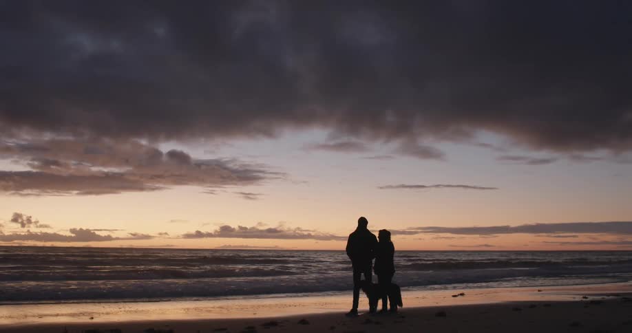 Man and woman stand on beach with dog silhouetted against the red sky
