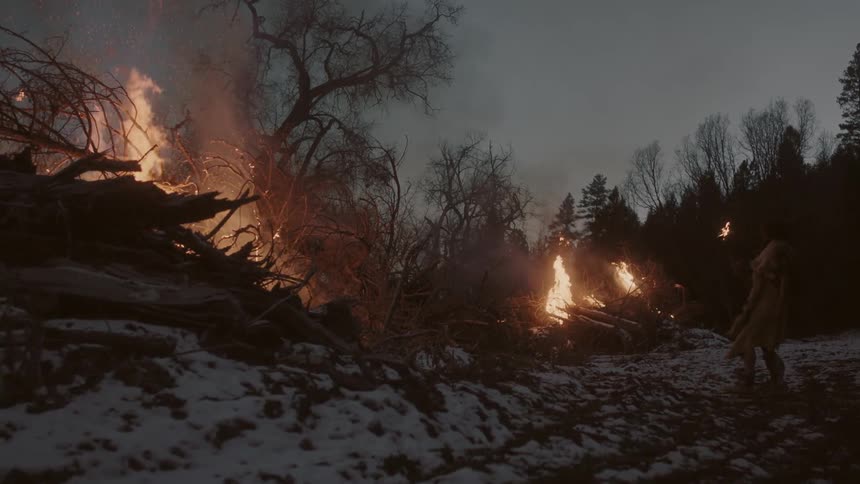 A man with a torch walks up to a fire