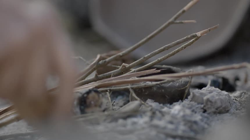 Someone throws sticks onto some ashes and then sifts the ashes