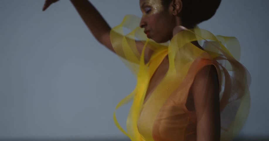 A dancer poses in a yellow gown