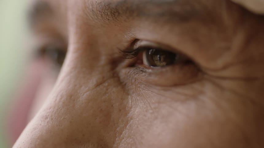 A person with brown eyes blinks