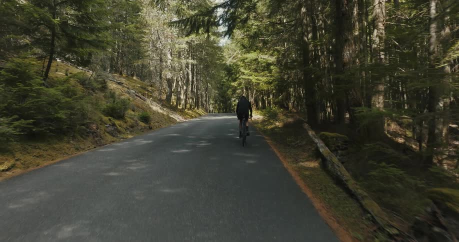 A person riding a bike up a hill