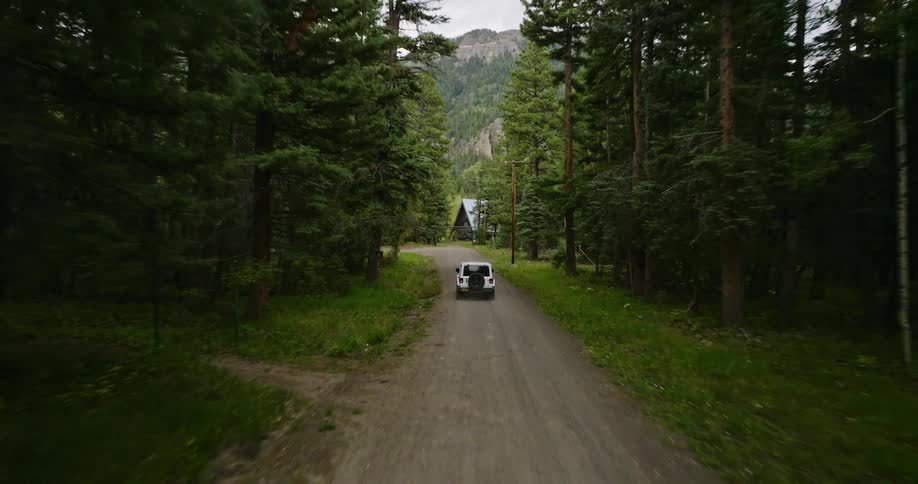 A white truck is traveling on a forest road toward a building and there is a mountain in the distance