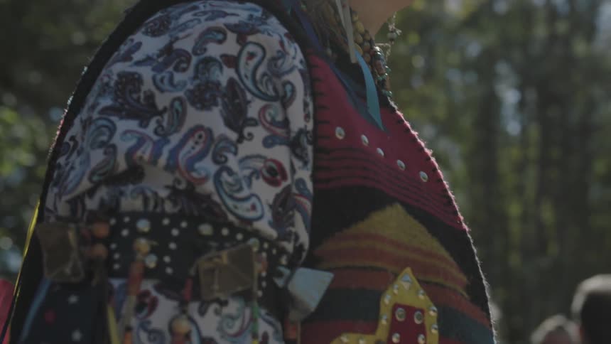 A native american man in ceremonial dress stands near a group of people