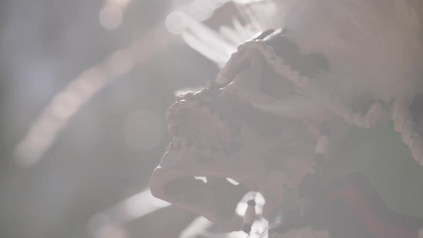 A person is wearing a headdress with a skull on it