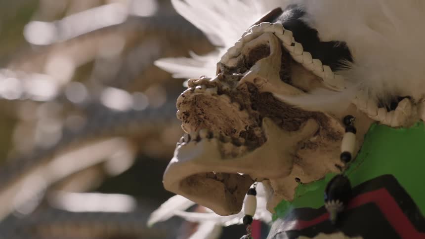 A skull with its mouth hanging open is part of a native headdress