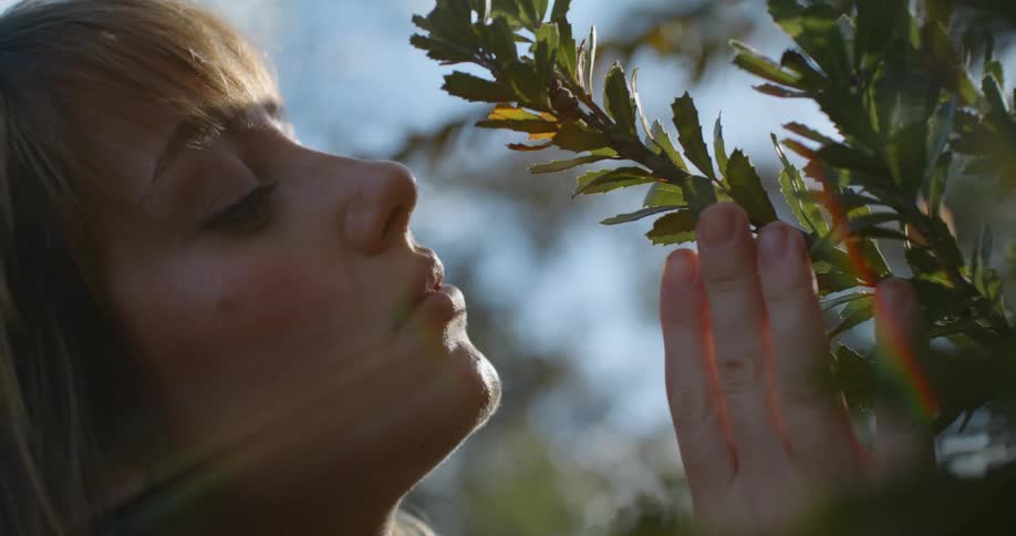 A teenage girl smells a plant
