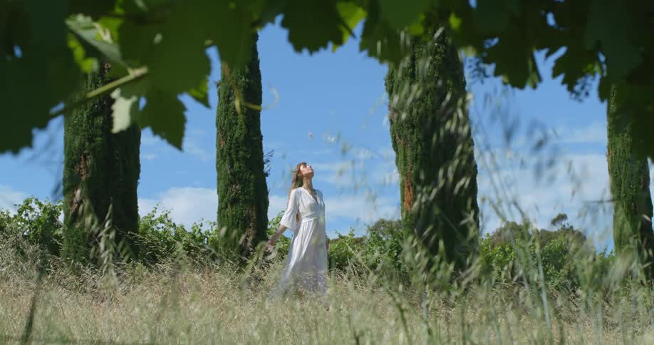 A woman poses in a dress in a meadow