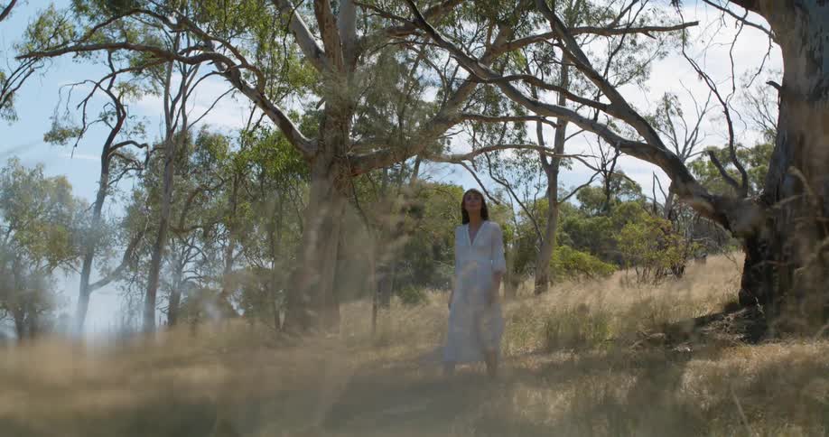 Woman wearing a dress walks down grassy slope dotted with trees