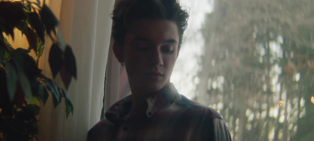 A teenage boy is standing near a plant by the window looking ahead and then looking down