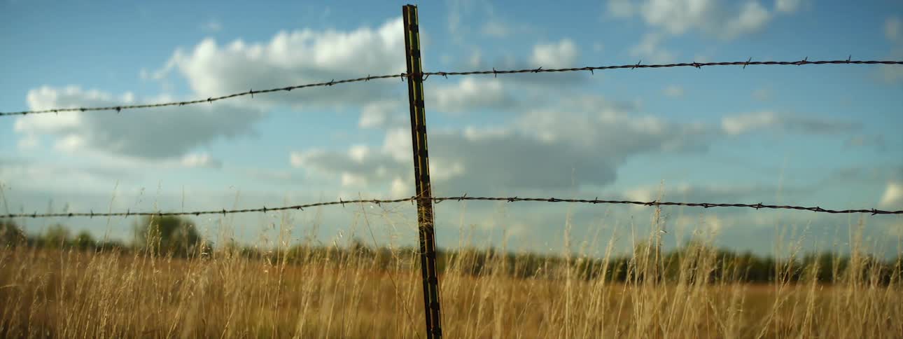A solitary metal pole on a barbed wire fence in front of a field in the countryside at morning