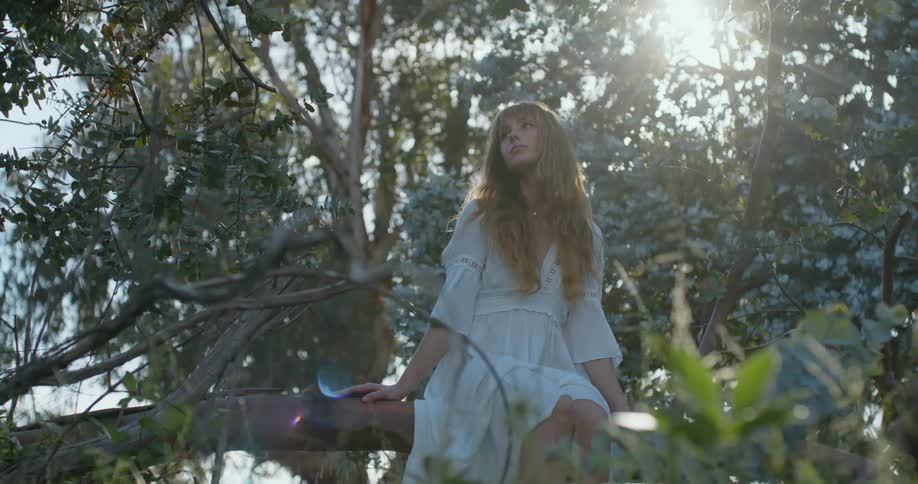 A young woman in a white dress sits on a large branch in a tree during the day