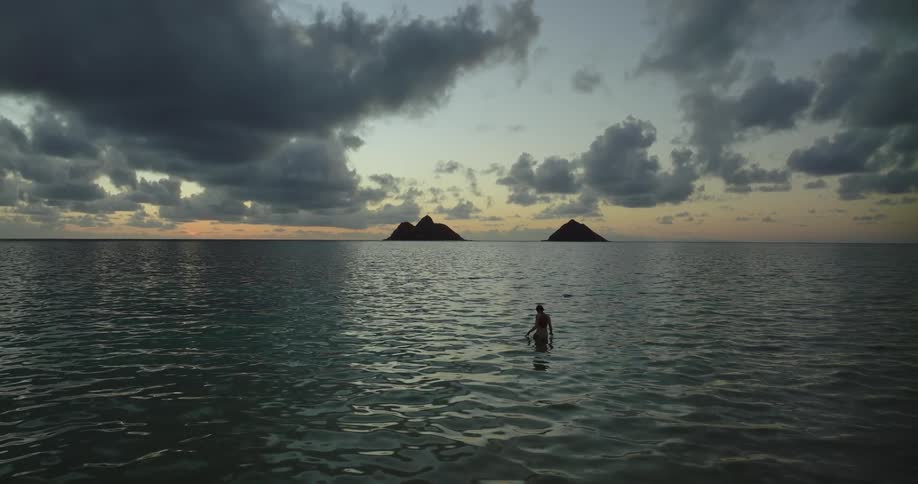 A woman is shown sitting on something as she rides on it into the ocean