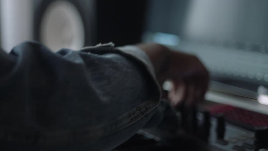 A music producer uses a sound mixer while working on his computer