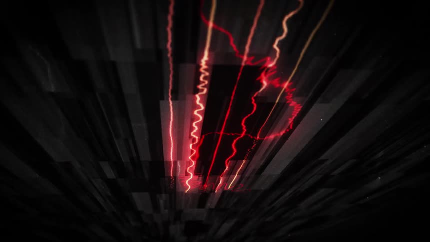 On a black background with grey and black rectangles wavy lines of different colored lights vibrate and turn in waves and then twists upside down