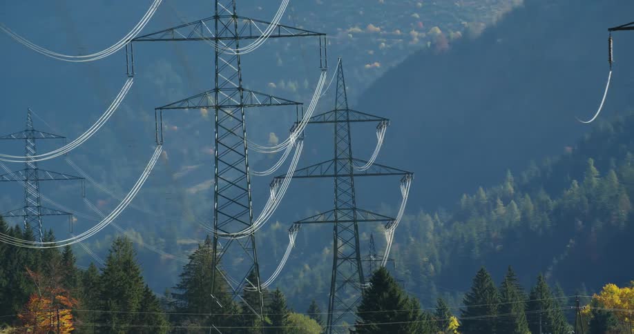 Transmission towers sit in neat rows in a field near a forest and mountain