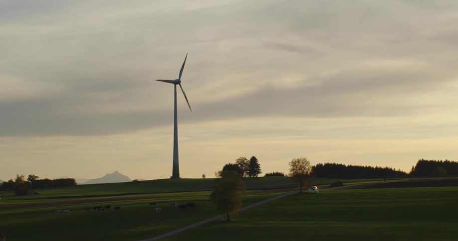 Car drives along road past herd of cattle and rotating wind turbine with misty mountains on the distant horizon