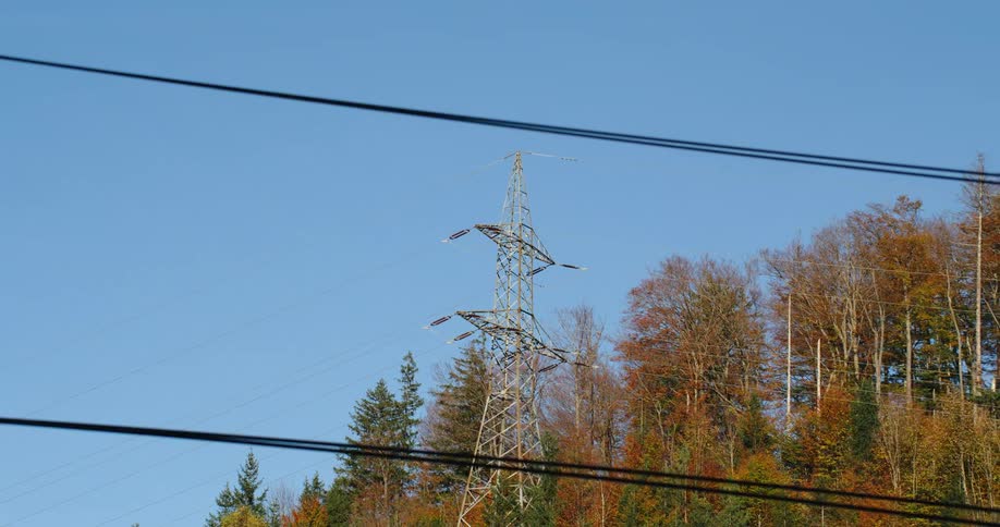 Power lines stretch from tower to tower near a forest