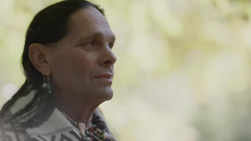 A native american man stands looking in the distance