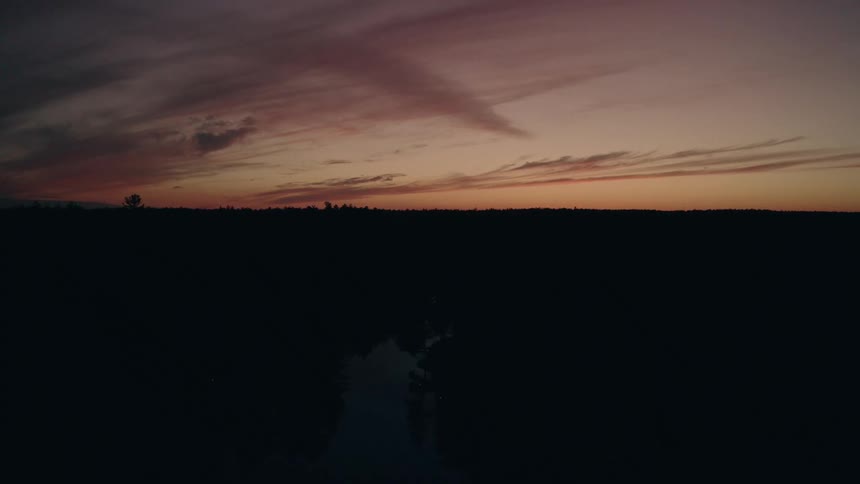 A river running through the forest at dusk