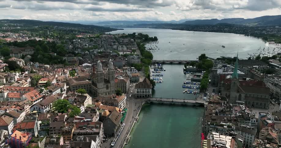 Aerial view of zurich lake and buildings