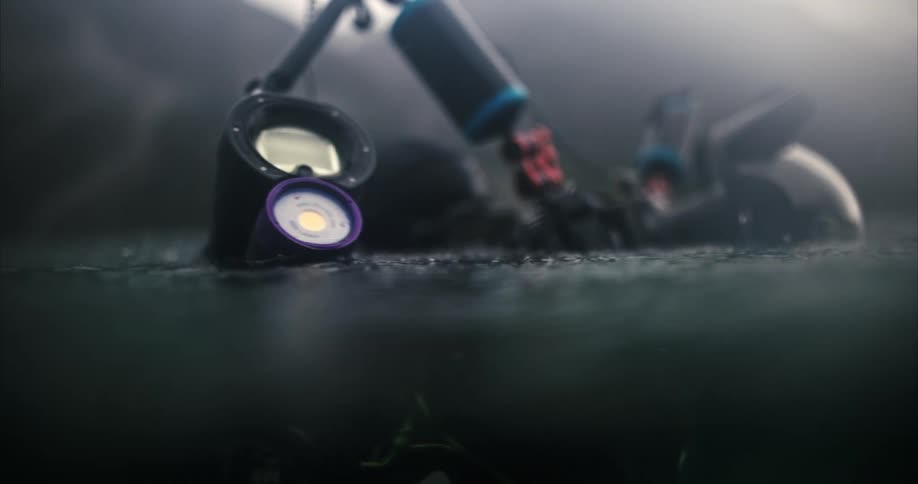 A diver holds a camera up just out of the water