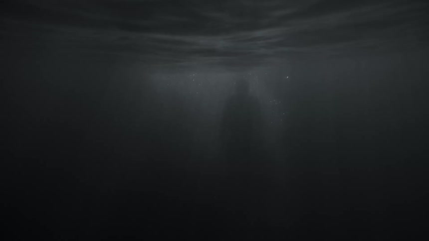 Person silhouetted in dim gray water swims toward the surface
