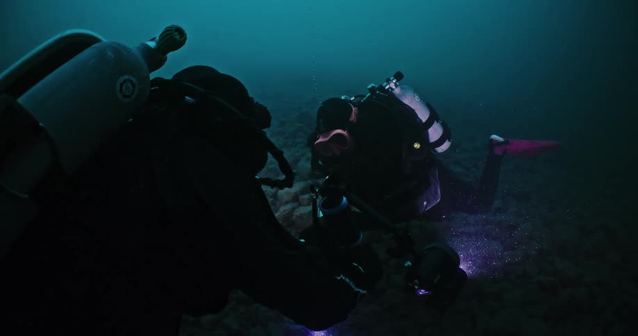 Two scuba divers holding underwater lights examine seafloor in murky water