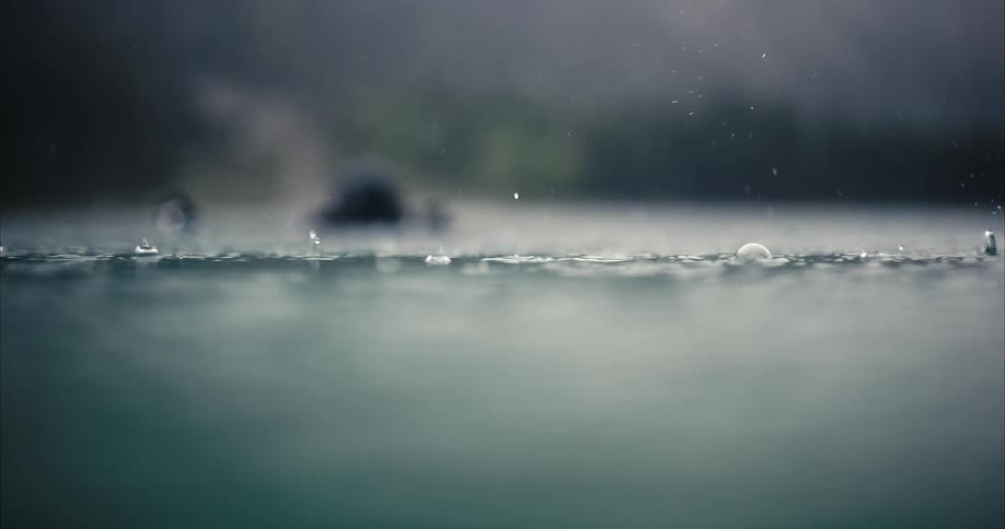 In the rain a person submerged to the neck in a lake wearing water gear lowers some kind of futuristic looking device with arms slowly underwater