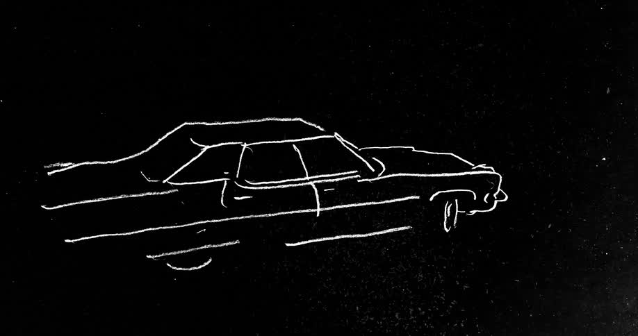 A digital sketch of a vintage style sedan is drawn on a black background